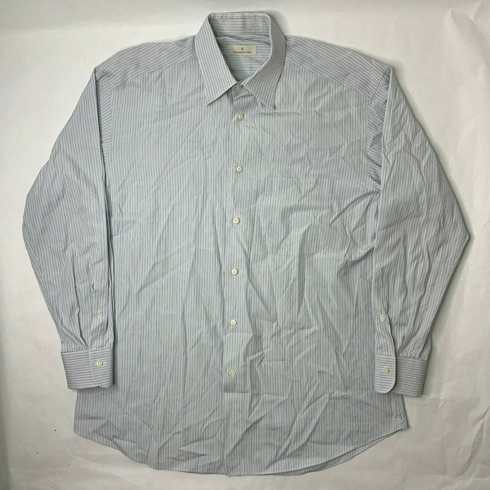 Ermenegildo‎ Zanga Mens 42 16.5 Button Front Shirt Blue Striped Long Sleeve